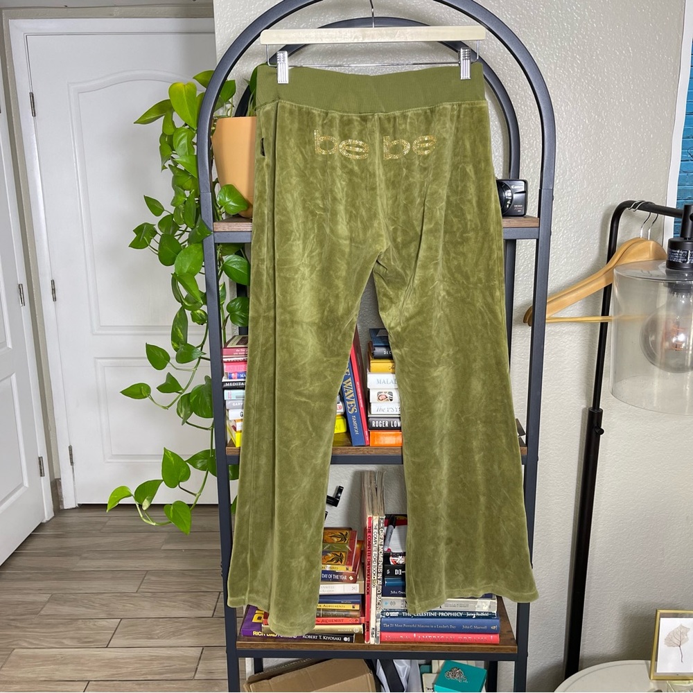bebe- Women's L- Green Bejeweled Soft Cozy Velour Drawstring Waist Pant 90's Y2K
